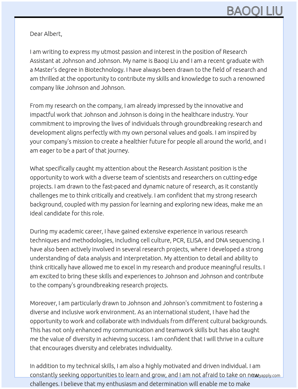 Research Assisstant  At Johnson and Johnson  Cover Letter
