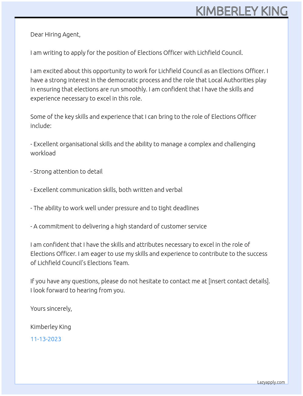 Elections Officer At Lichfield Council Cover Letter