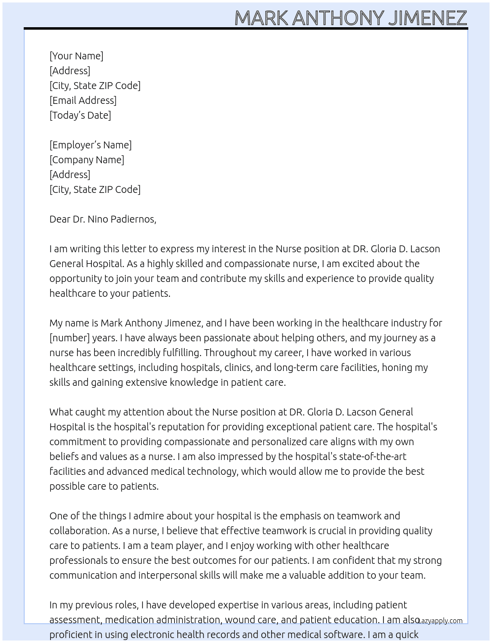 NURSE At DR. GLORIA D. LACSON GENERAL HOSPITAL Cover Letter