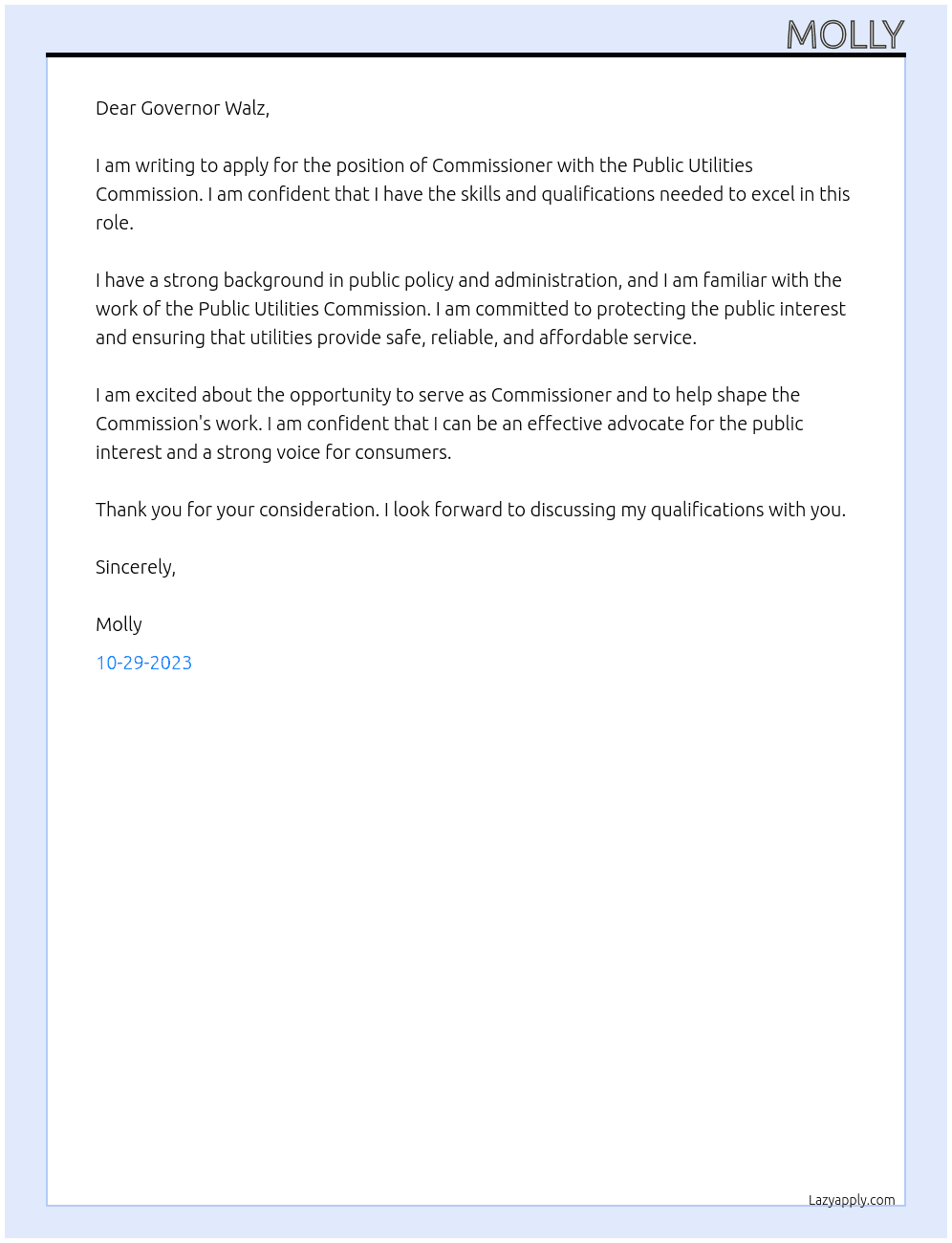 Commissioner At Public Utilities Commission Cover Letter