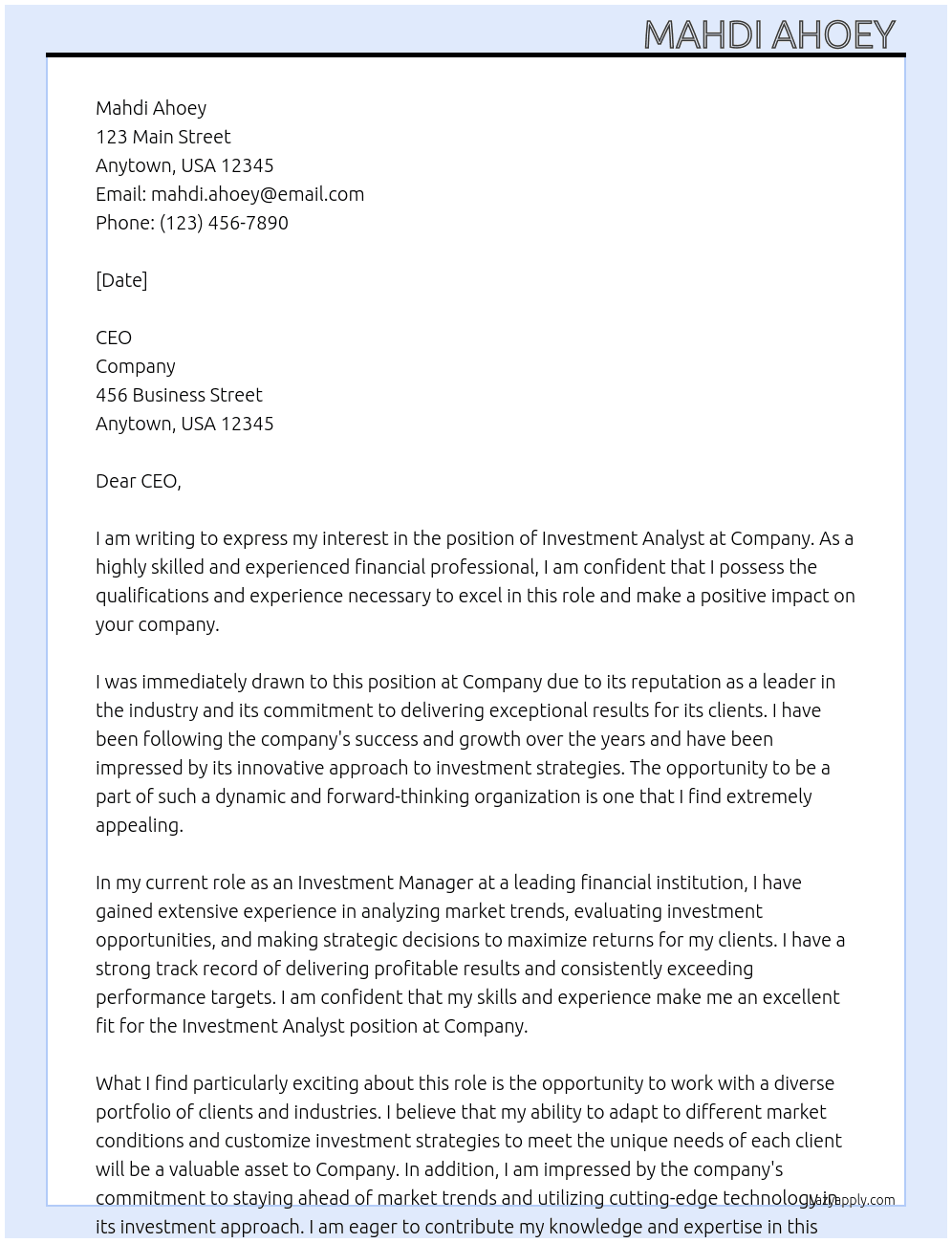 Investment Analyst At Company Cover Letter