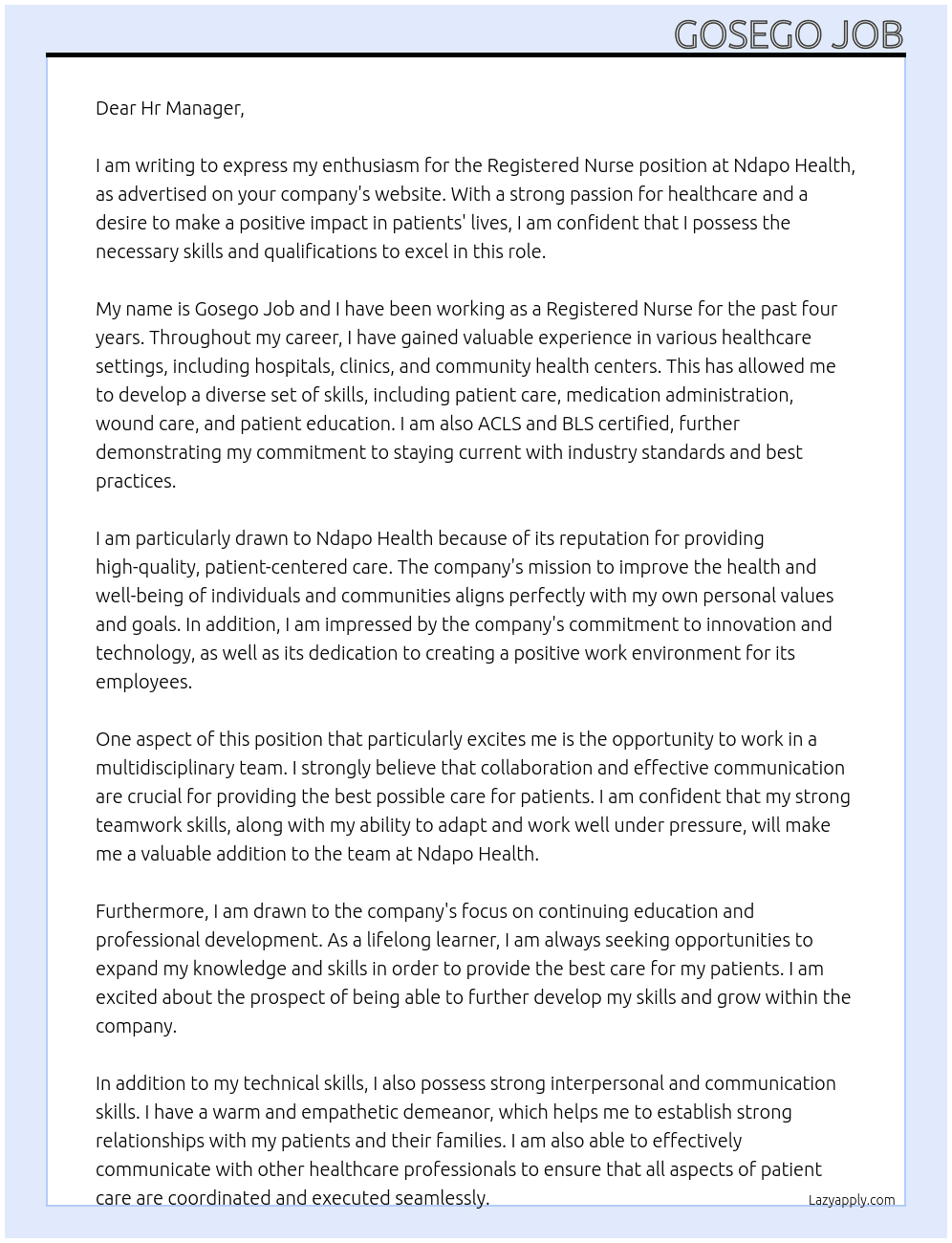 Registered Nurse  At Ndapo Health  Cover Letter