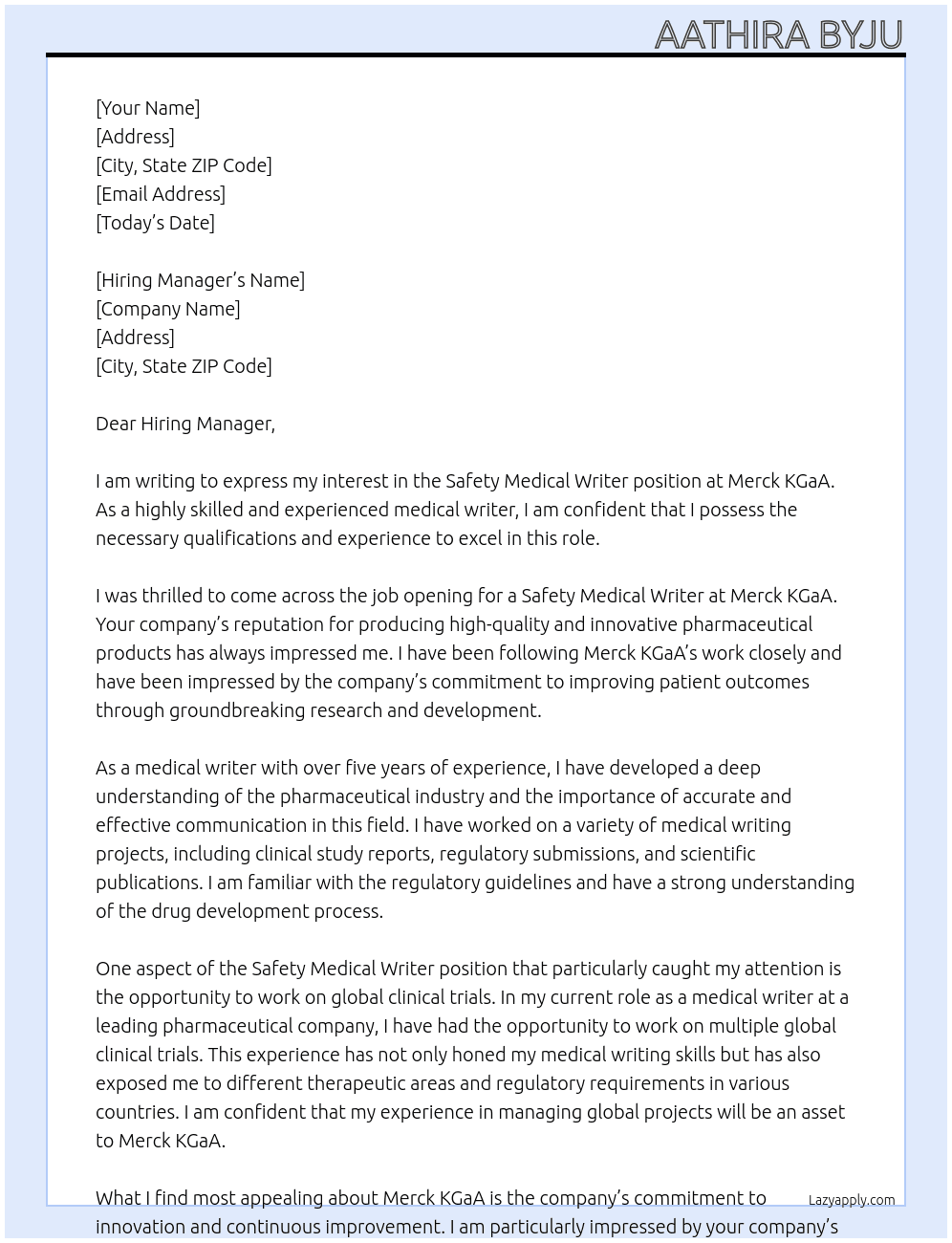 Safety medical writer At Merck KGaA Cover Letter