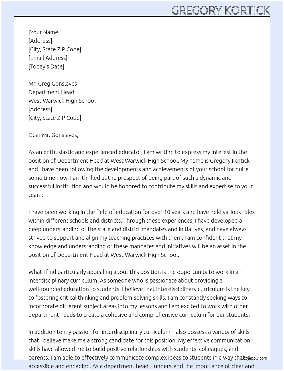 Department head At West Warwick High School Cover Letter