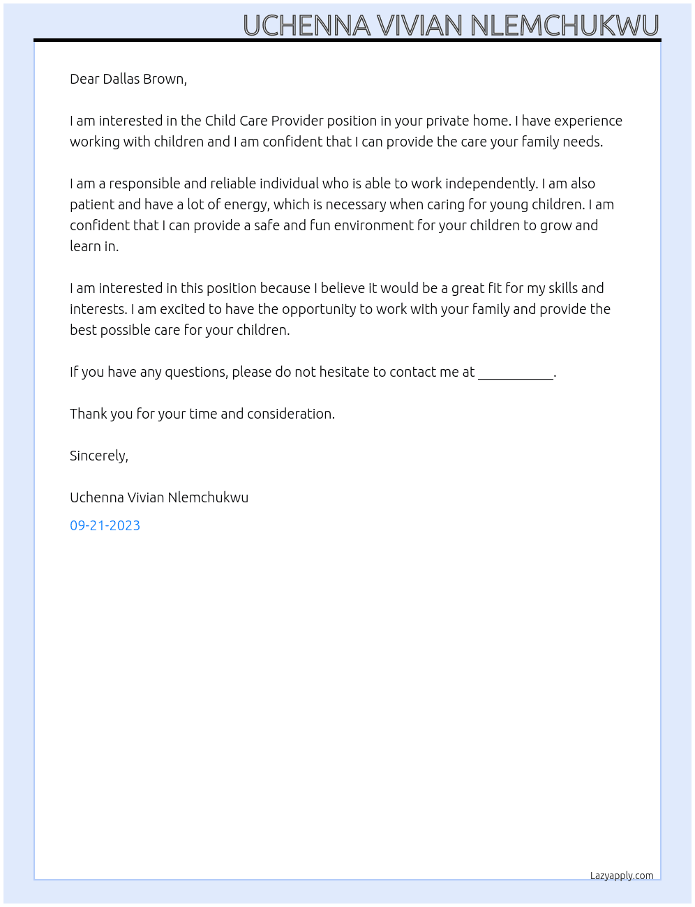 Child Care Provider - Private Home At Dallas Brown Cover Letter