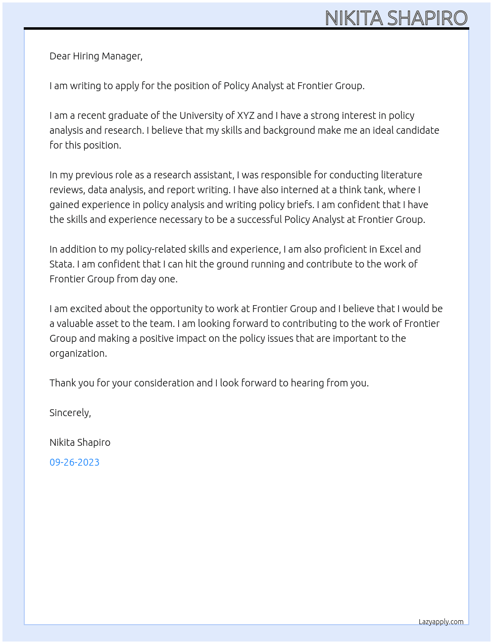 Policy Analyst At Frontier Group Cover Letter