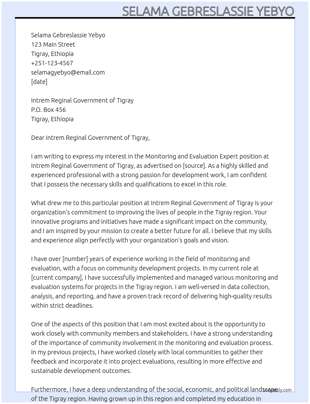Monitoring and evaluation expert At Intrem Reginal Government of Tigray Cover Letter