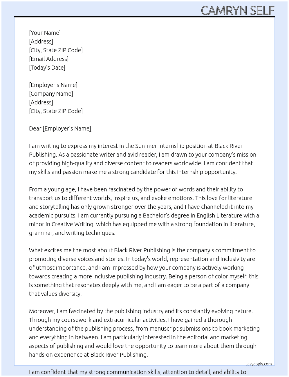 summer internship for a publishing company At black river publishing Cover Letter