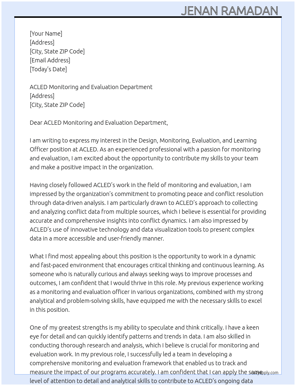 Design, monitoring, evaluation and learning officer  At ACLED Cover Letter