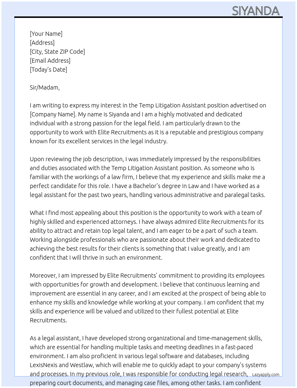 Temp Litigation Assistant At Elite Recruitments  Cover Letter