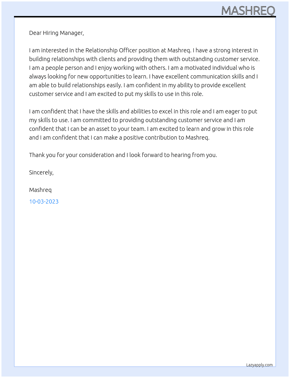 Relationship Officer At Mashreq Cover Letter