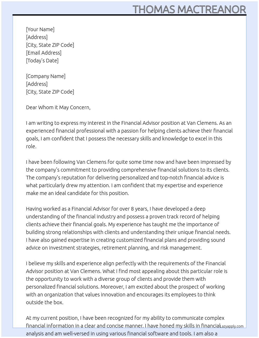 Financial advisor  At Van Clemens  Cover Letter