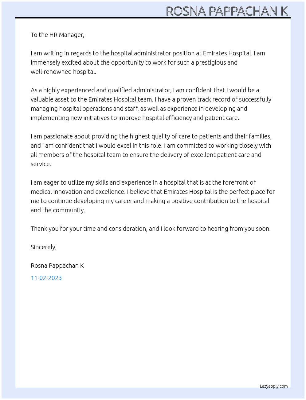 HOSPITAL ADMINISTRATOR At EMRIATES HOSPITAL  Cover Letter