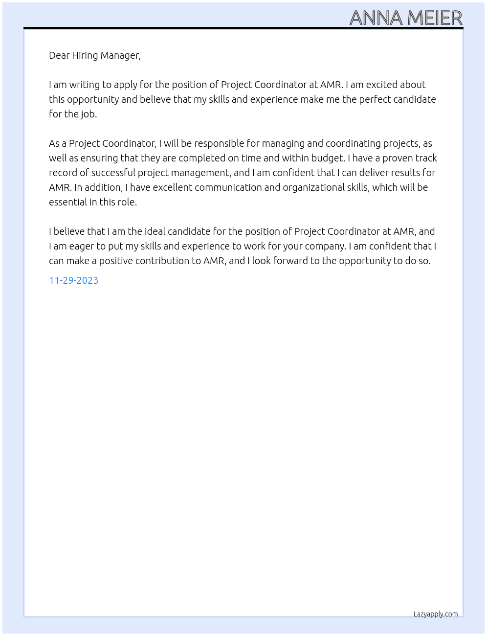 Project Coordinator At AMR Cover Letter