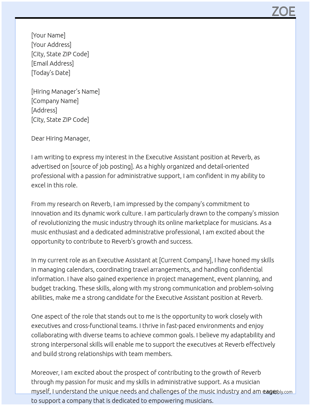 executive assistant At Reverb Cover Letter