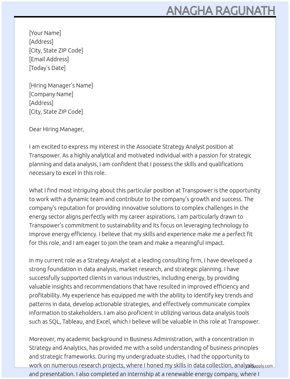 Associate Strategy Analyst At Transpower Cover Letter