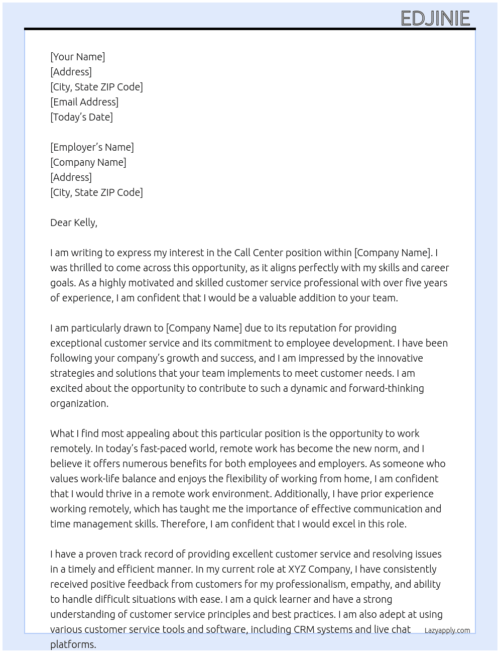 Call centet At Kelly Cover Letter