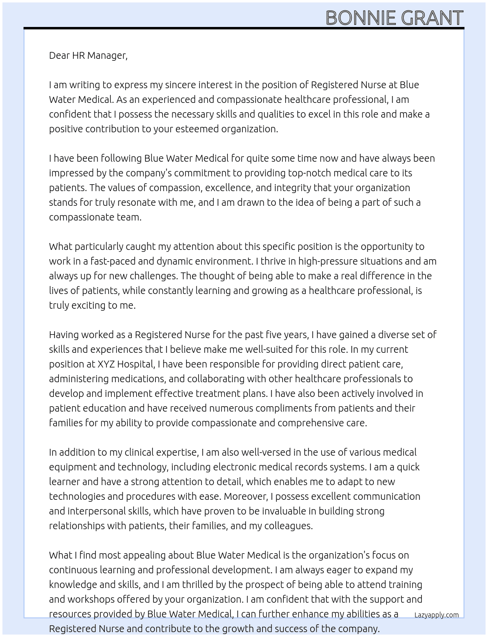 Registered Nurse At Blue Water Medical  Cover Letter