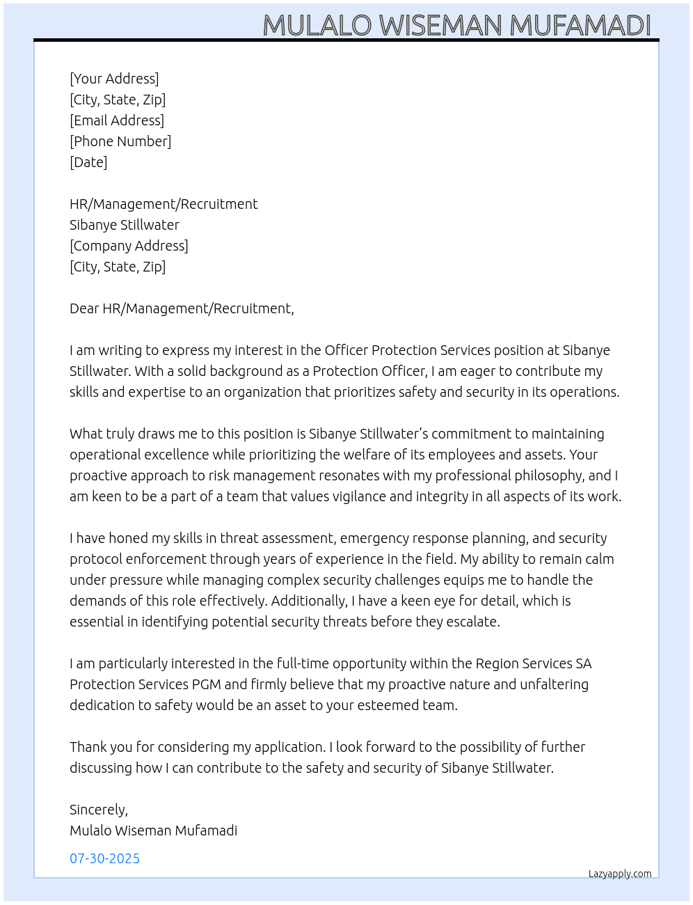 Cover letter for officer protection services - LazyApply
