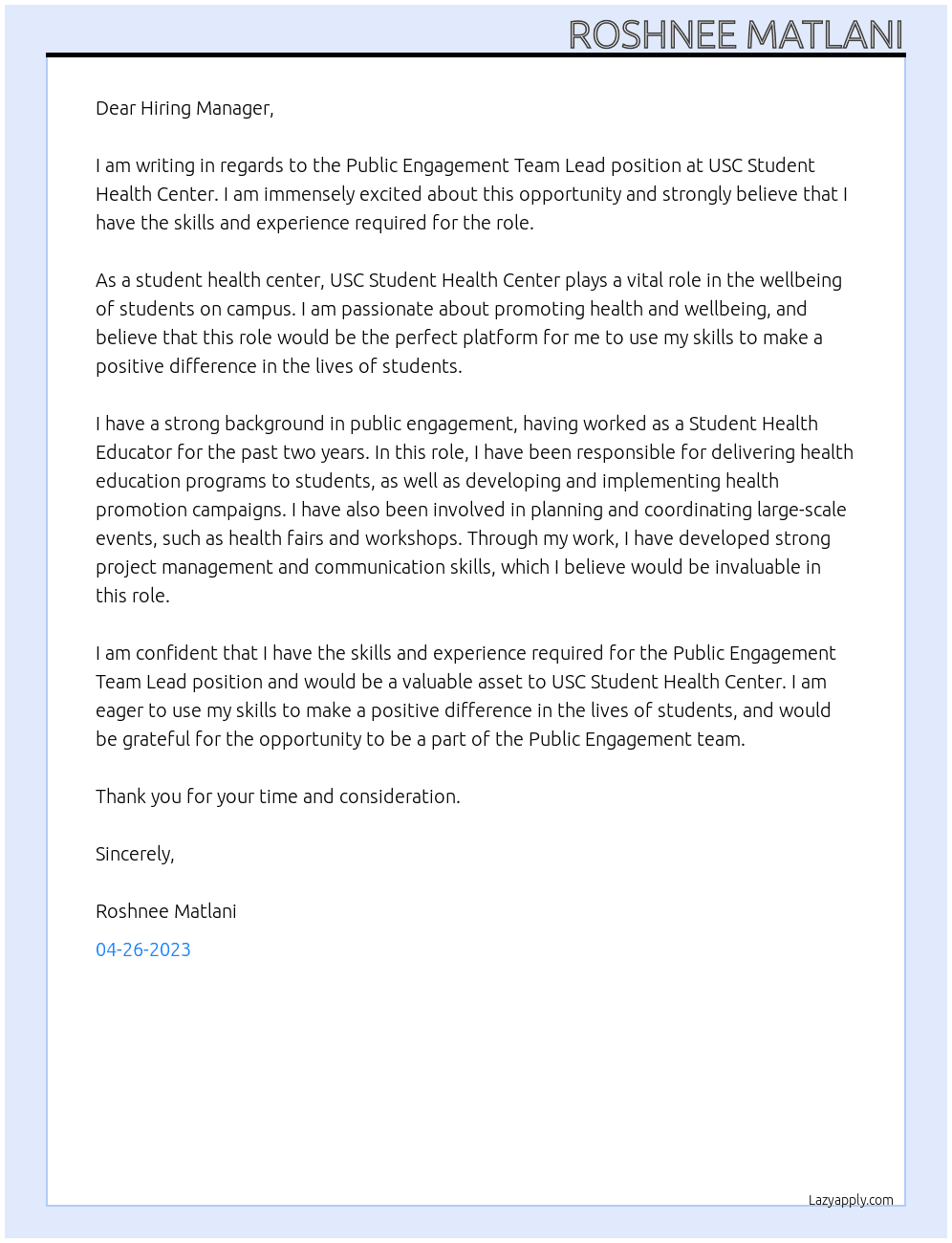Public Engagement Team Lead At USC Student Health Center Cover Letter