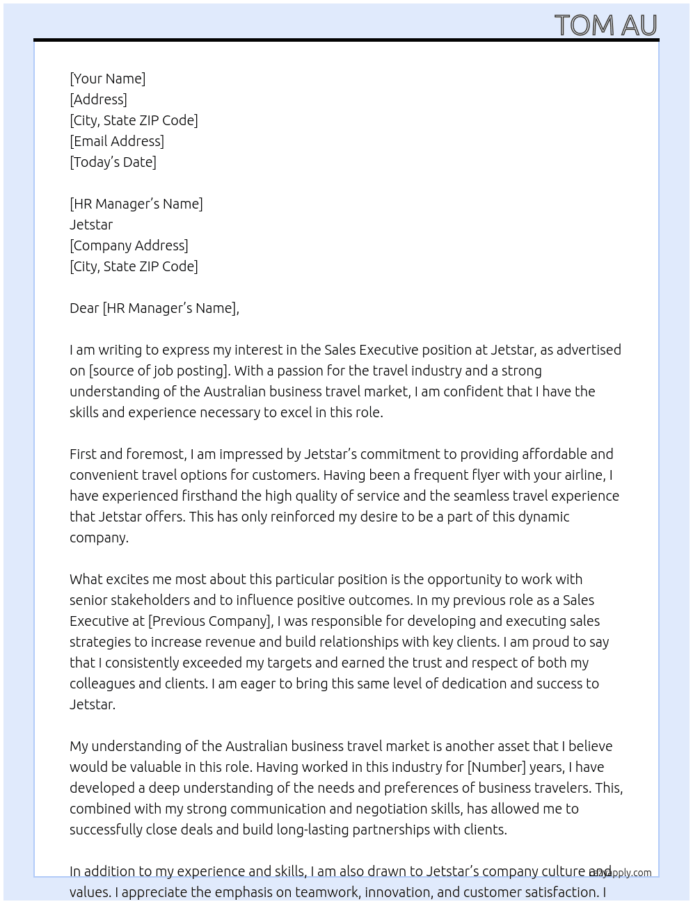 Sales Executive At Jetstar Cover Letter