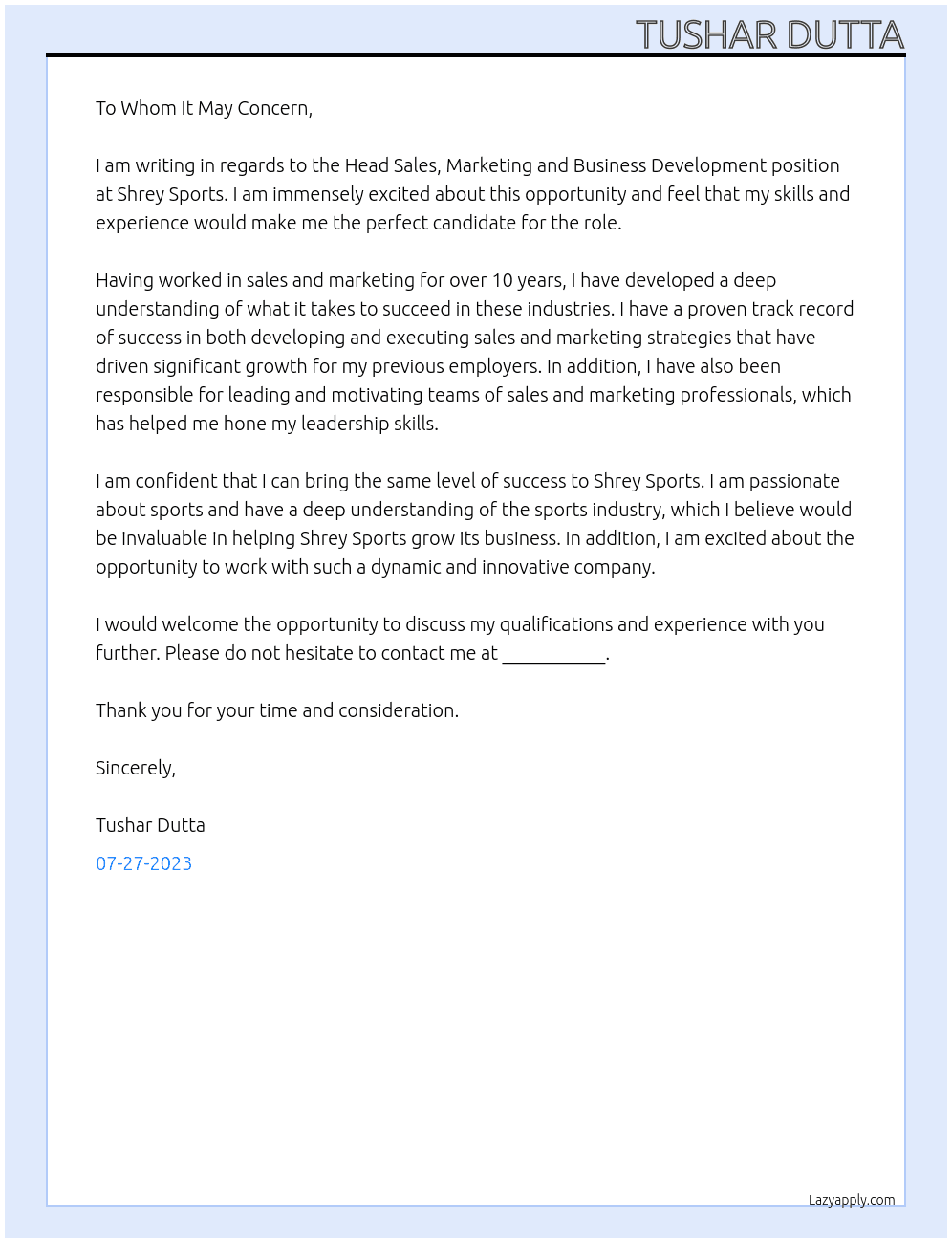 Head Sales, Marketing and Business Development At Shrey Sports Cover Letter