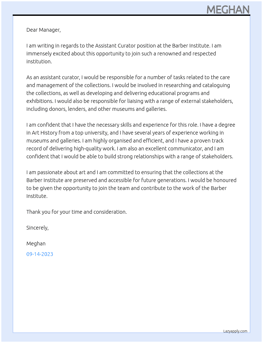 Assistant Curator At Barber Institute Cover Letter
