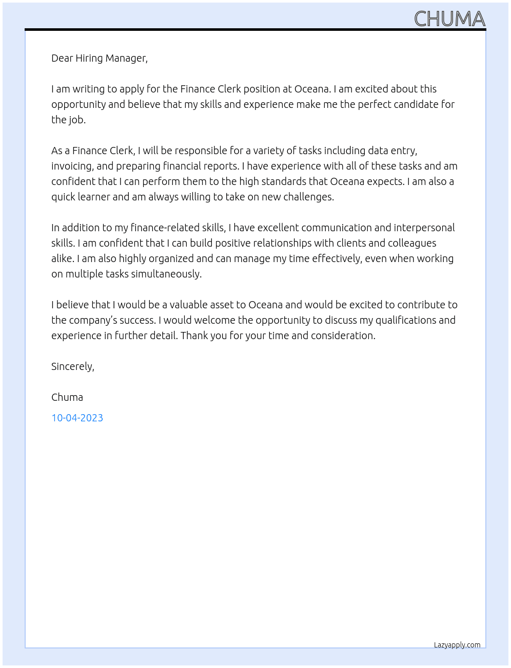 Finance Clerk At Oceana Cover Letter
