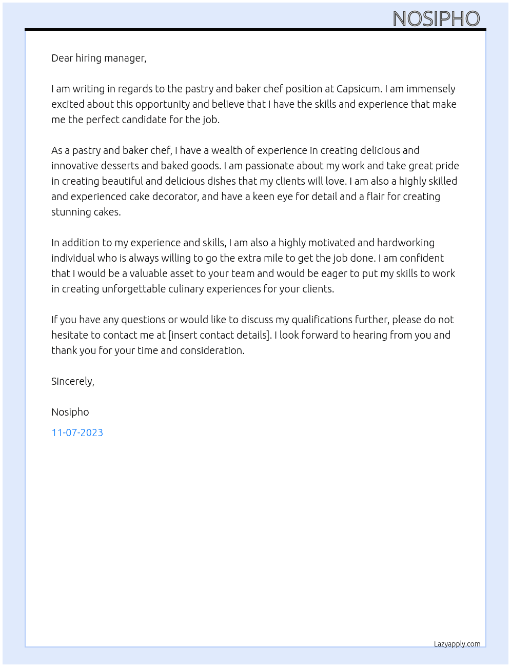 Pastry and baker chef At Capsicum  Cover Letter