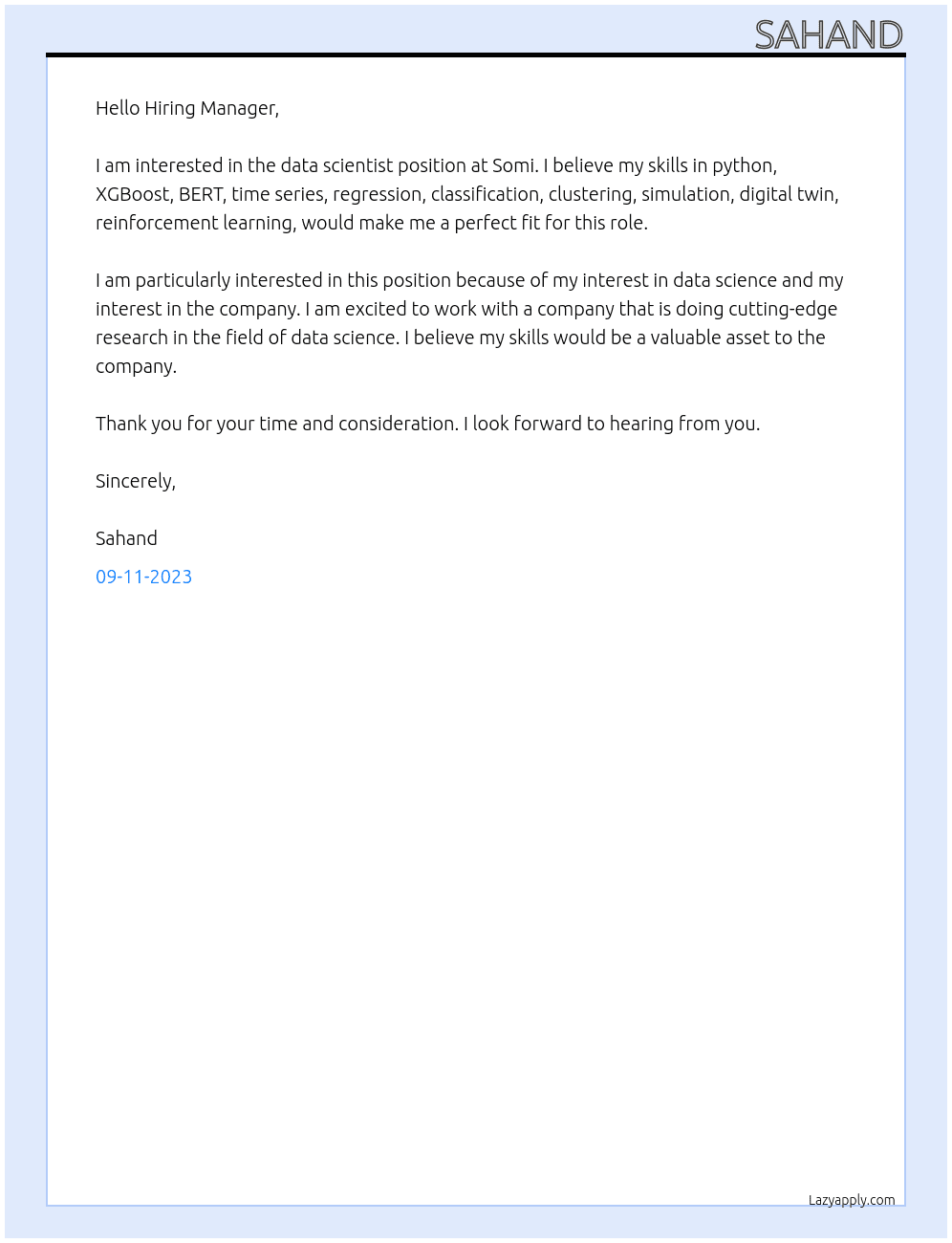 Data Scientist At Somi Cover Letter