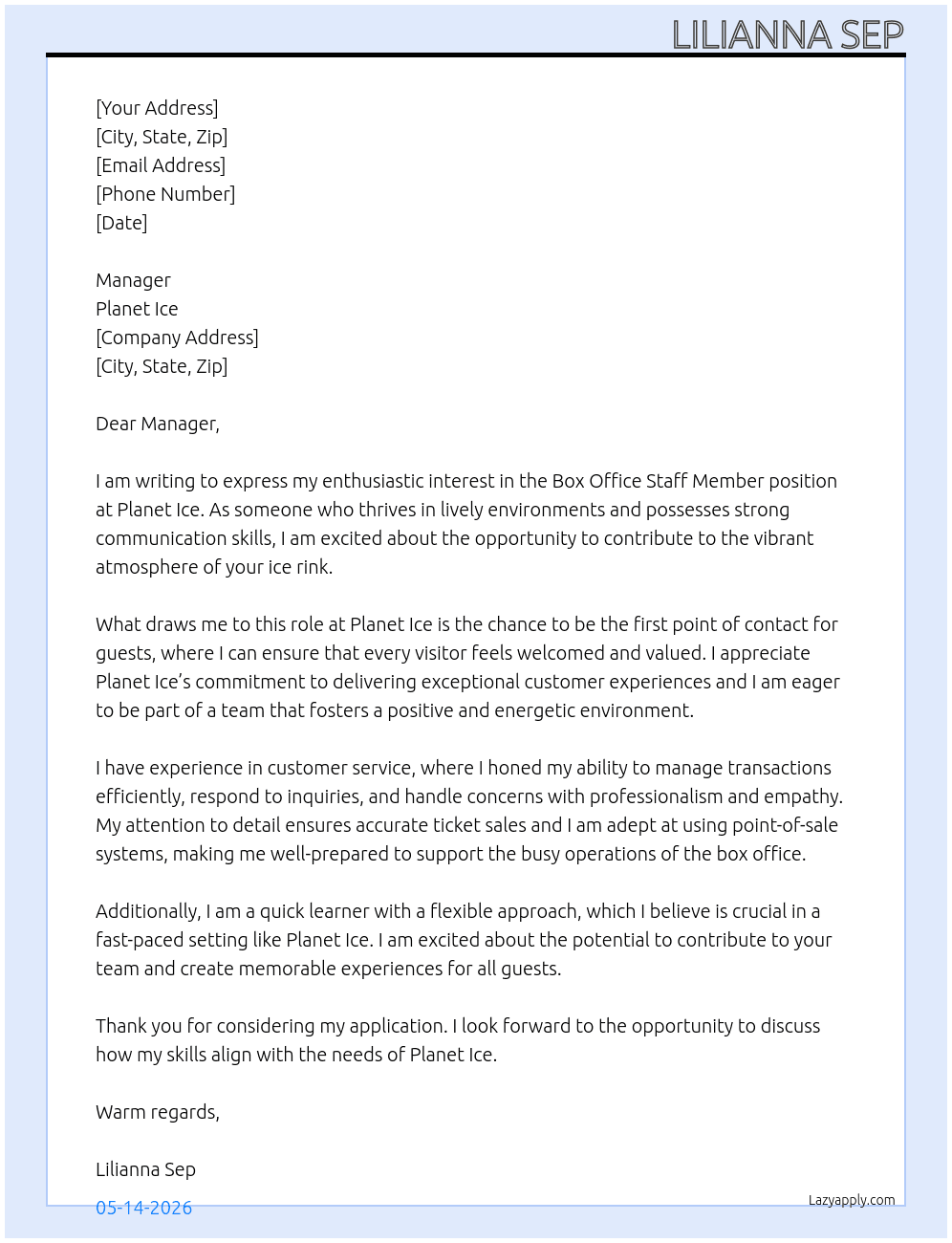Box Office Staff Member At Planet Ice Cover Letter