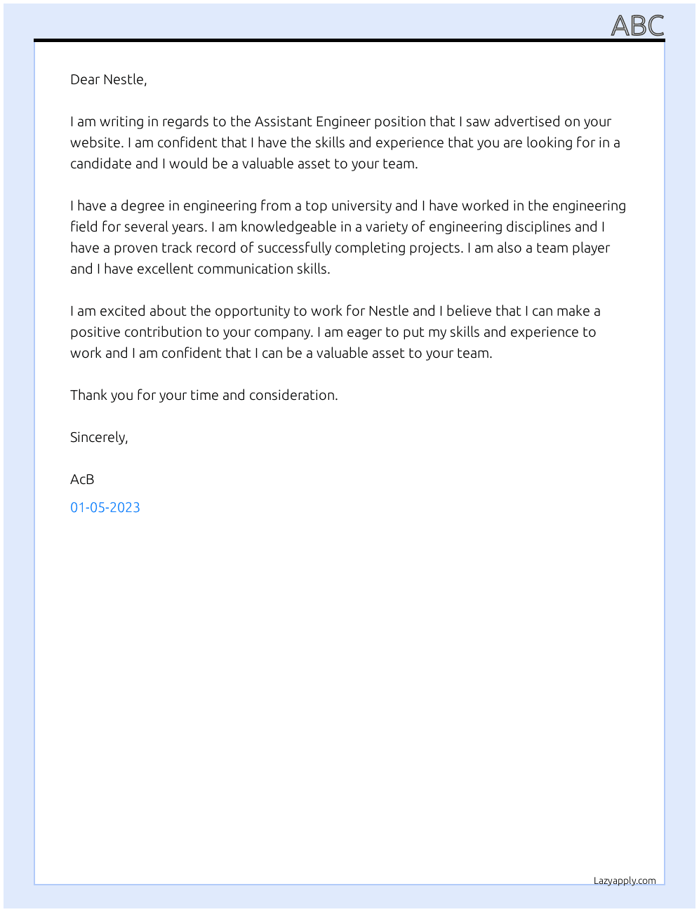 Assistant engineer  At Nestle  Cover Letter