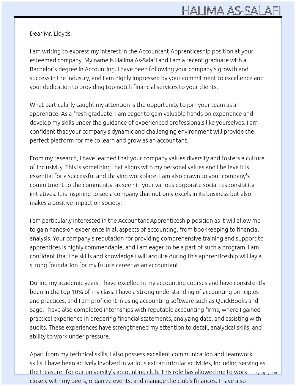 Accountant apprenticeship  At Lloyds  Cover Letter