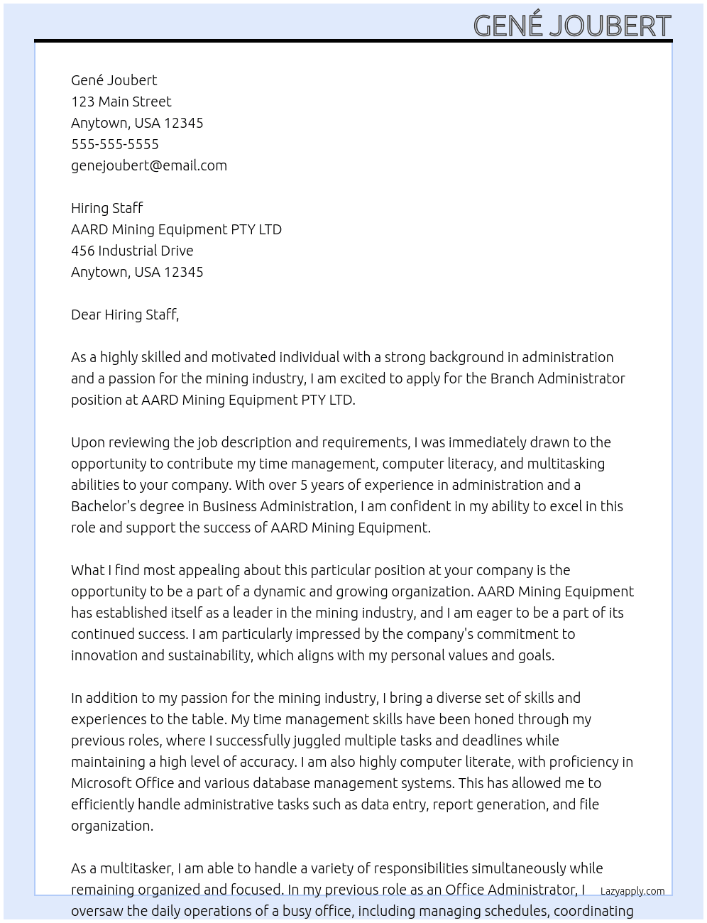 Branch Administrator At AARD Mining Equipment PTY LTD Cover Letter