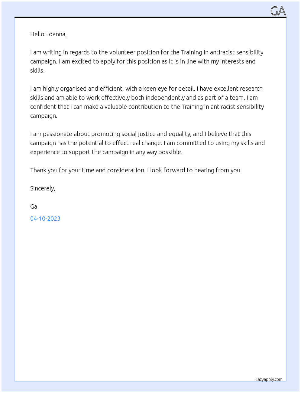 volounteer At Training in antiracist sensibility campaign Cover Letter
