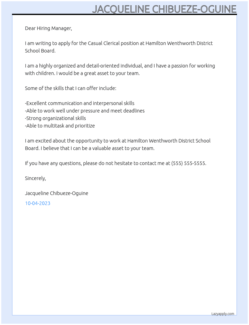 Casual Clerical At Hamilton Wenthworth District School Board Cover Letter