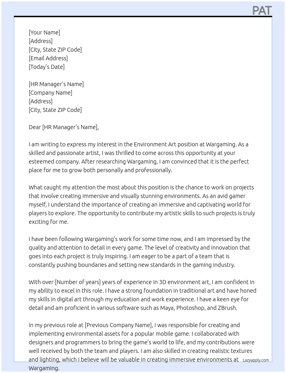 Environment Art At Wargaming Cover Letter