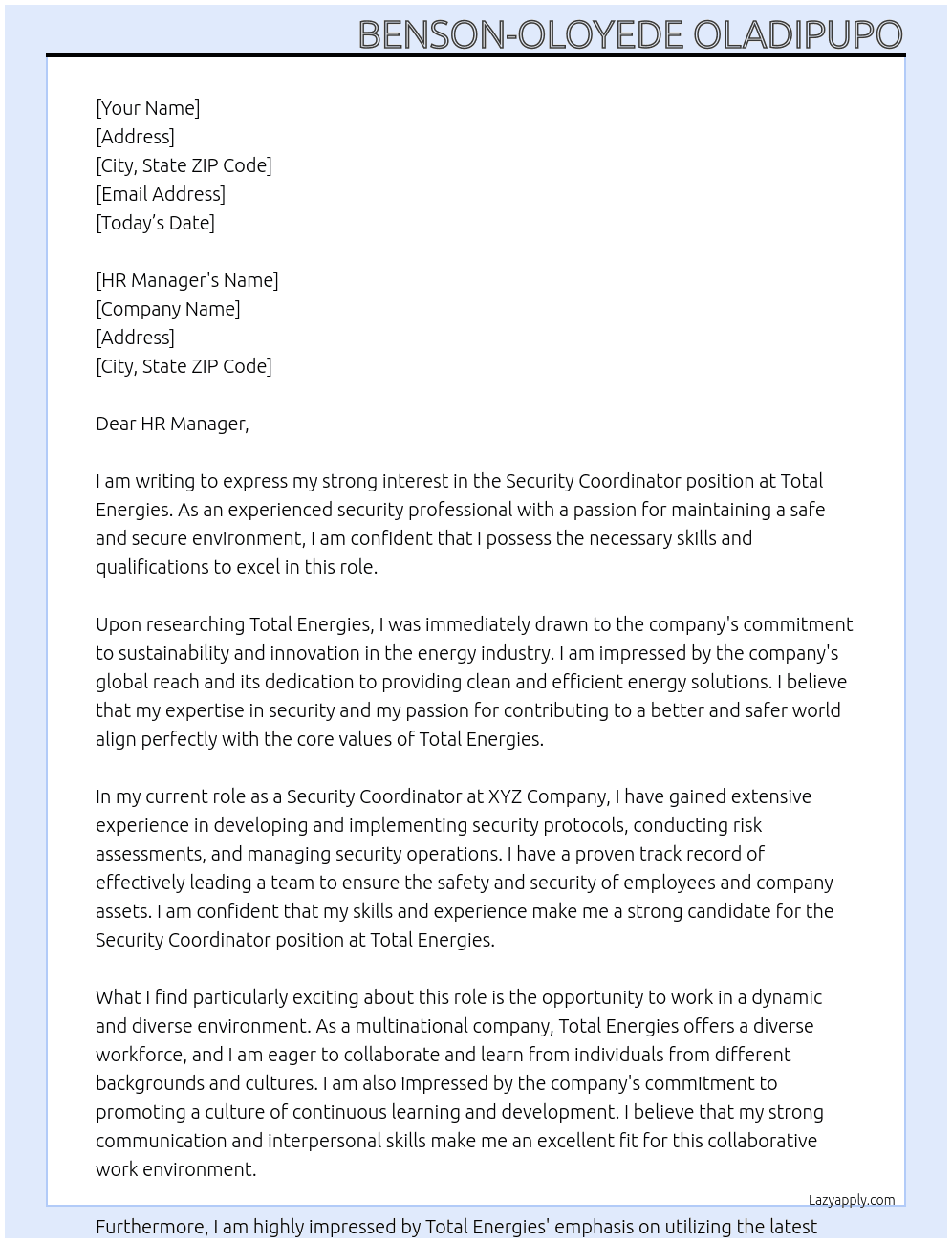 Security Coordinator At Total Energies Cover Letter