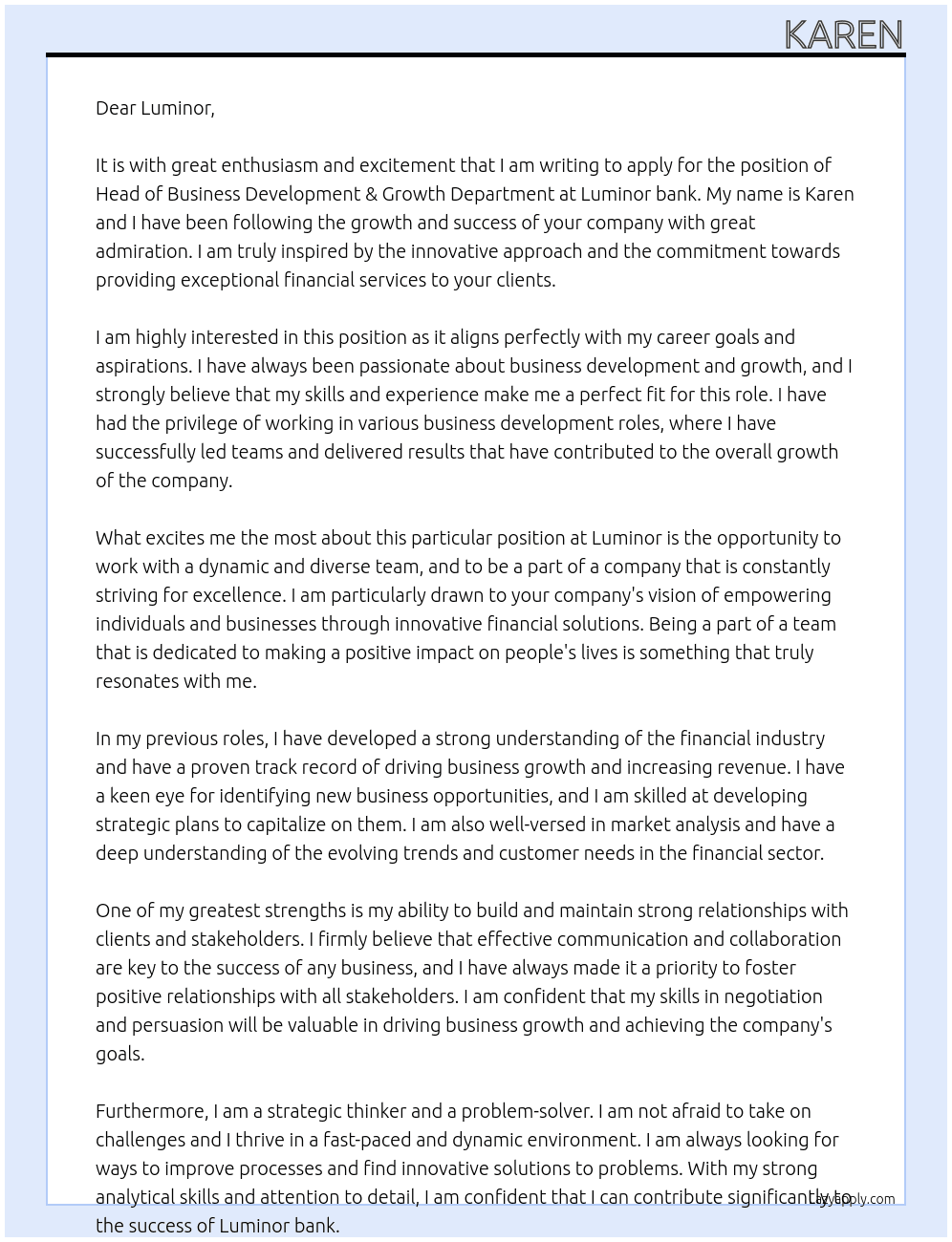 Head of Business Development & Growth Department At Luminor bank Cover Letter