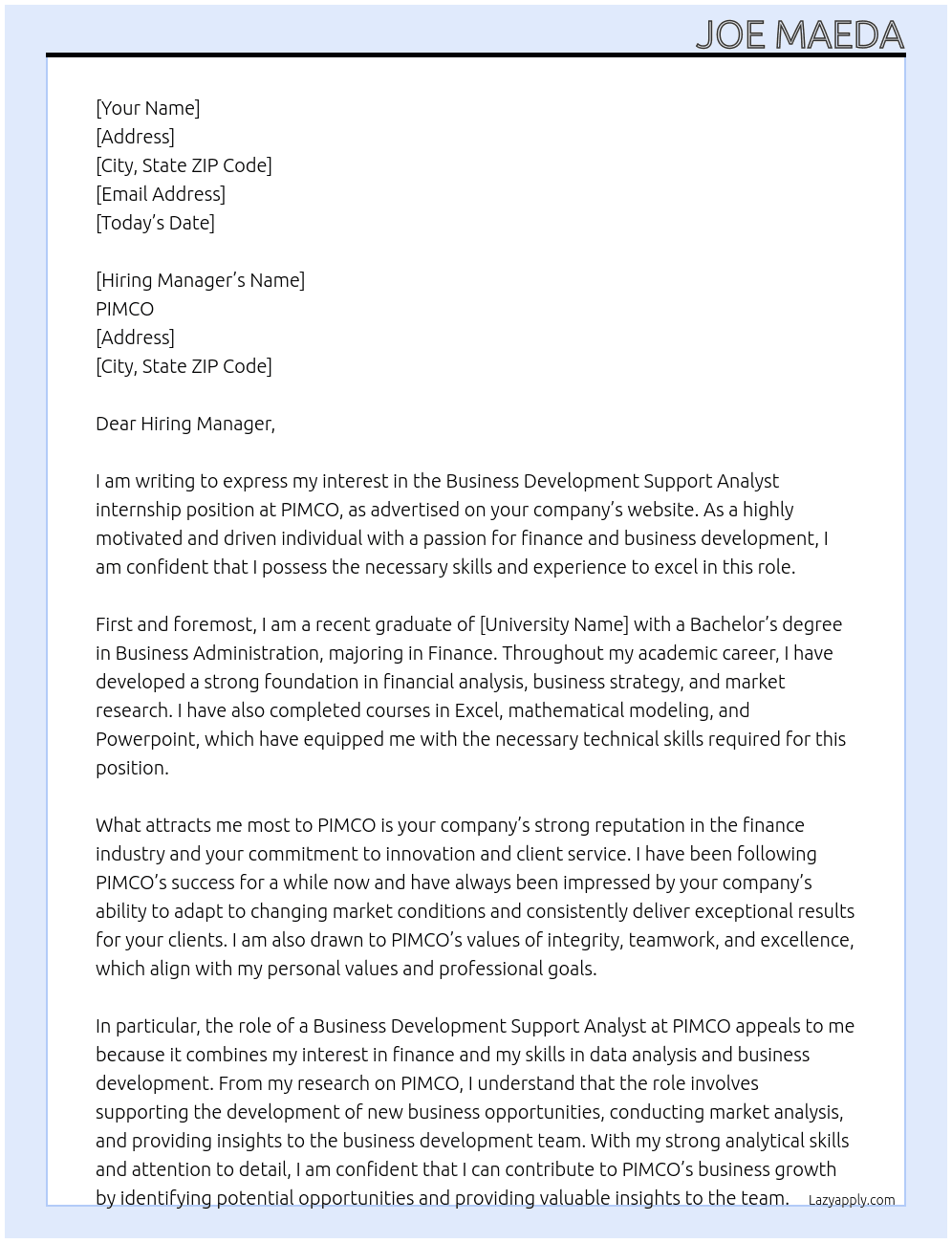 Business Development Support Analyst, US At PIMCO Cover Letter