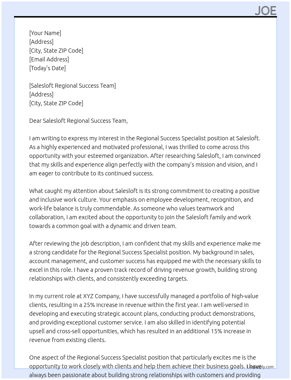 Regional Success Specialist At Salesloft Cover Letter