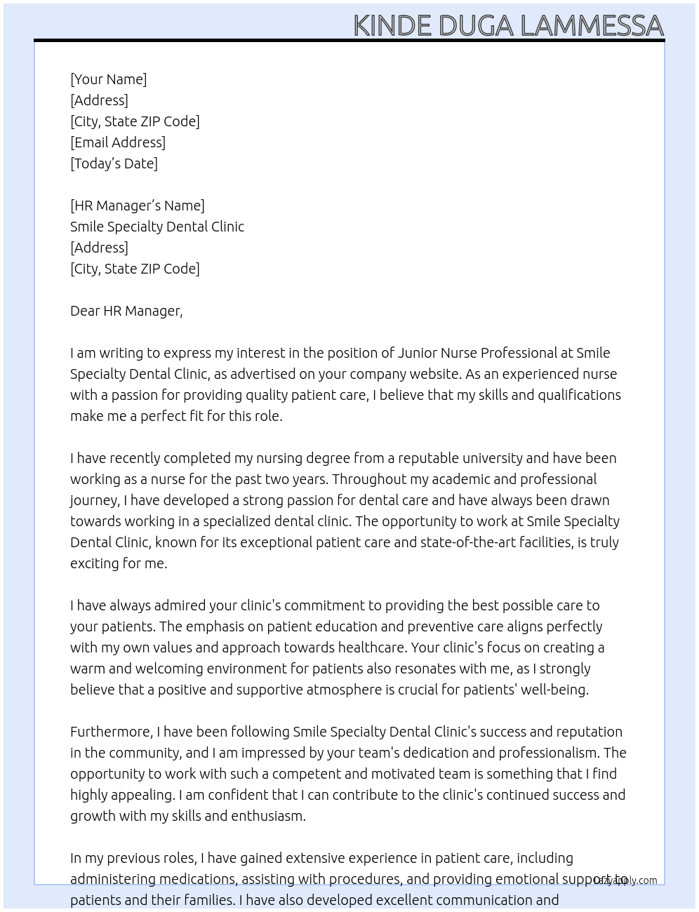 Junior nurse professional  At Smile speciality dental clinic  Cover Letter