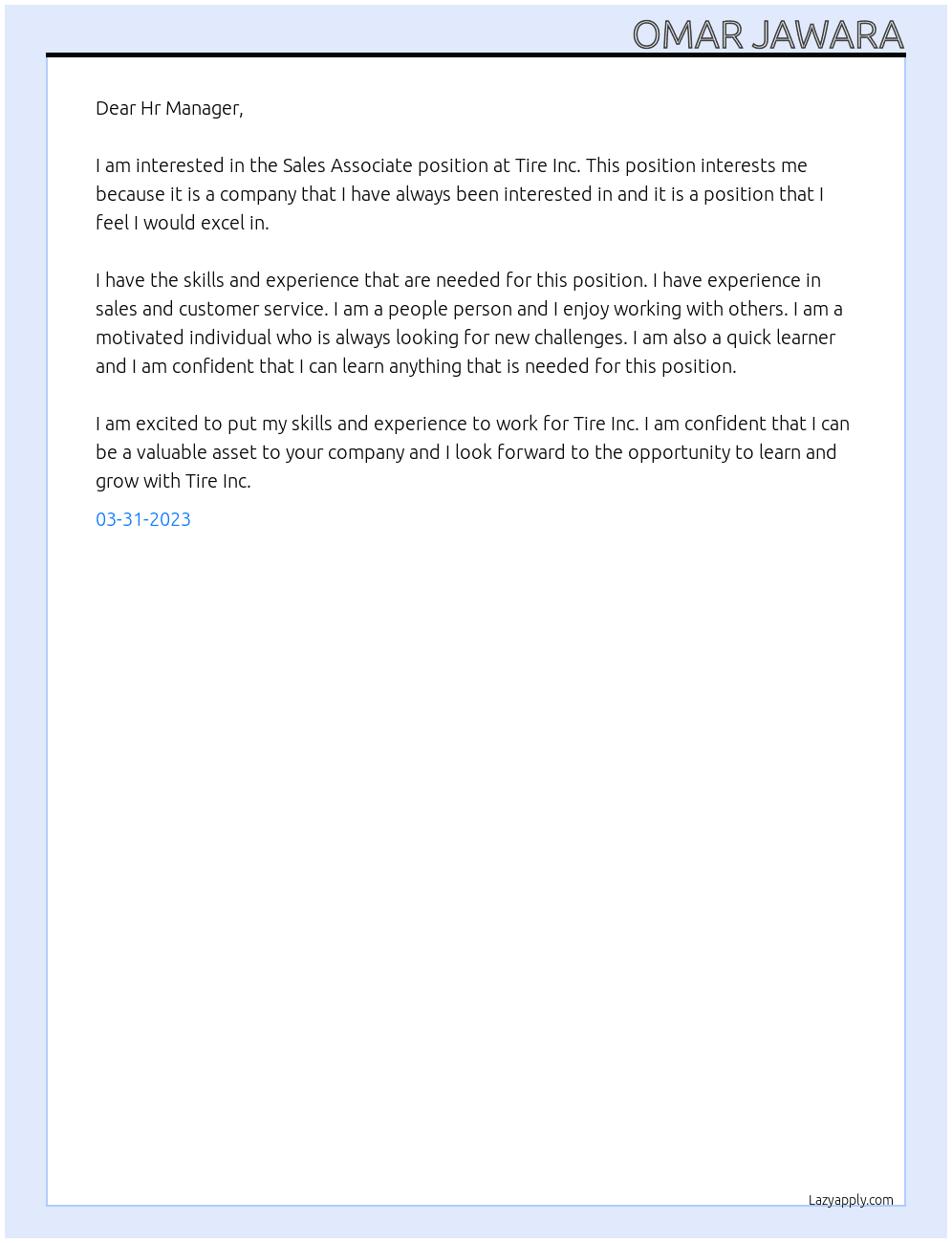 Sales Associate  At Tire Inc Cover Letter