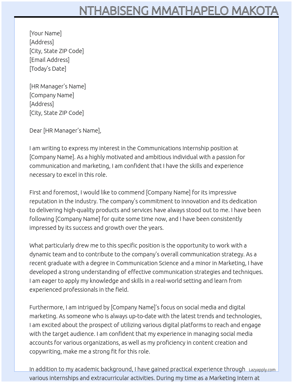 Communications internship  At RAL Cover Letter