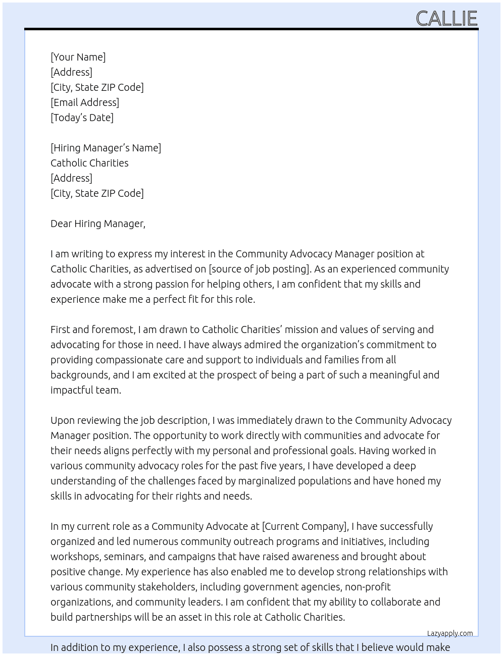 Community Advocacy Manager At Catholic Charities Cover Letter
