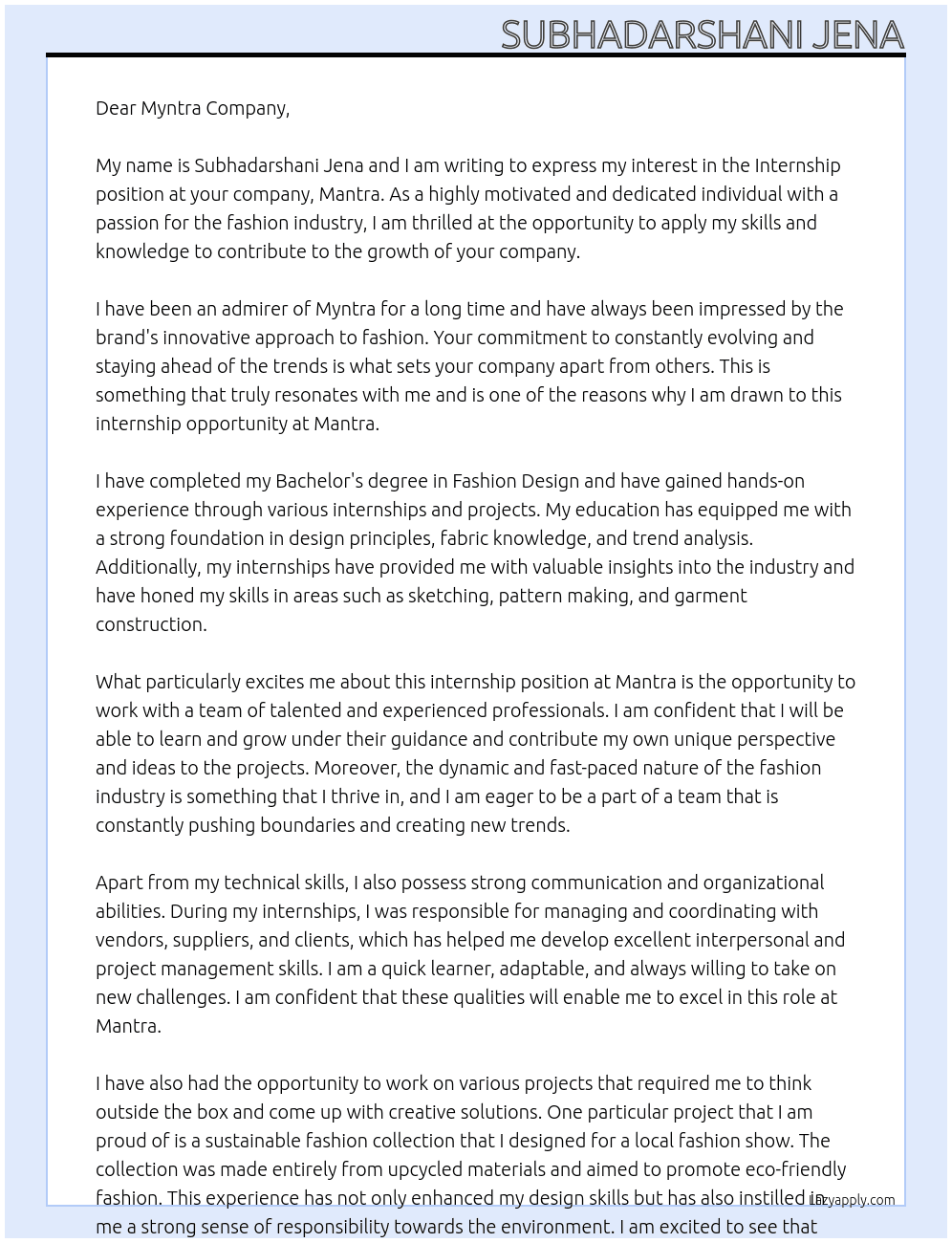 Intership  At Mantra  Cover Letter