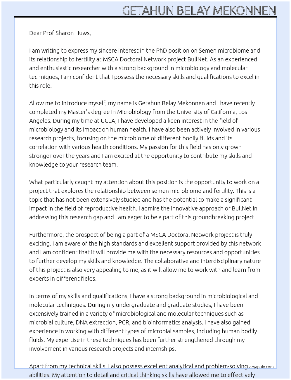 PhD Project on Semen microbiome and its relationship to fertility At MSCA Doctoral Network project BullNet Cover Letter