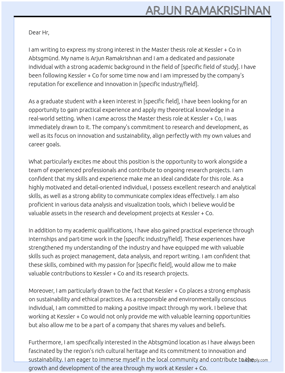 master thesis At Kessler + Co Cover Letter