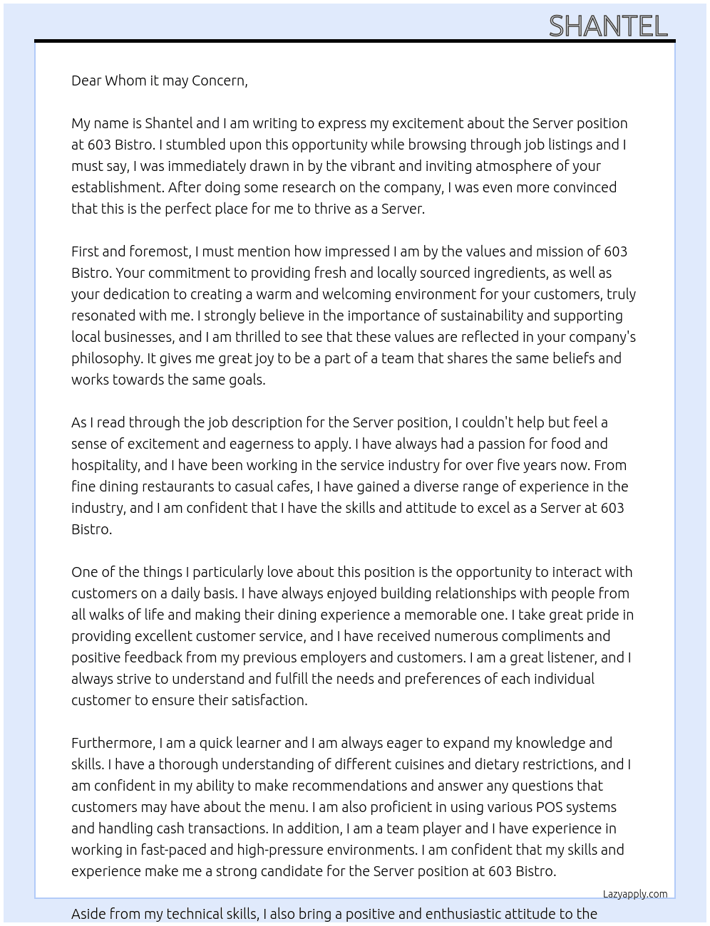 Server At 603 Bistro  Cover Letter