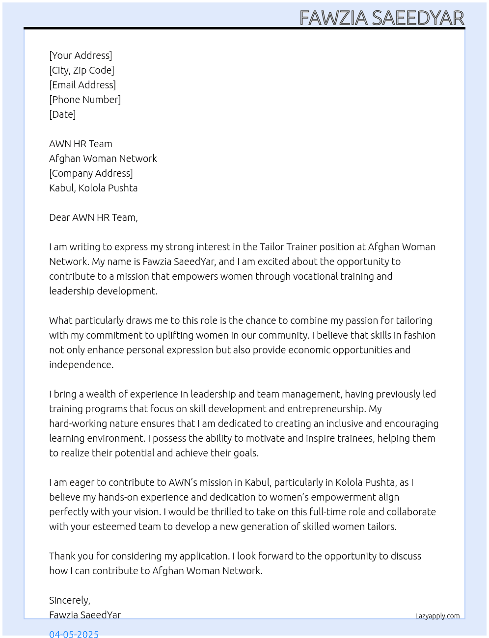 Cover letter for tailor trainer - LazyApply